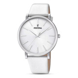 Reloj De Pulsera Festina Boyfriend F20371 De Cuerpo Color Gris, Analógico, Para Mujer, Fondo Gris Plata, Con Correa De Cuero Color Blanco, Agujas Color Plateado, Dial Plateado, Bisel Color Plateado