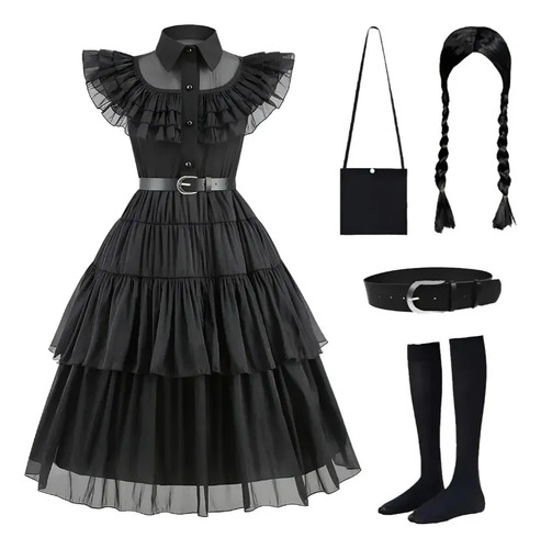Vestido De Wednesday Merlina Addams Para Niñas, Vestido De Fiesta De Halloween, Disfraz De Cosplay, Baile Escolar Trajes Chicas Para Mujer 4-13 Años