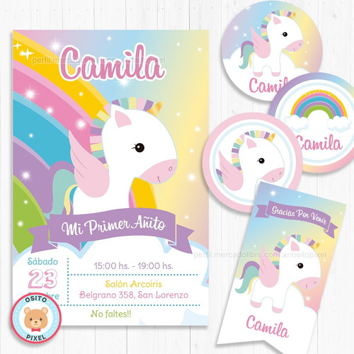 Kit Imprimible Unicornio Arcoiris Pastel Candy Decoración