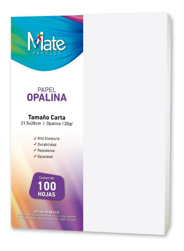Mate | Papel Opalina 120 G | Tamaño Carta | 100 Hojas
