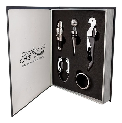 Kit Livro Vinho Luxo Inox Abridor Saca Rolhas Tampa 5 Peças