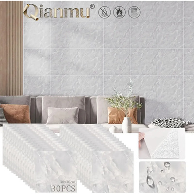 Qianmu 30pcs Azulejos De Pared De Mármol Impermeables Para Despegar Y Pegar, Paneles De Pvc Autoadhesivos De 30x 30 Cm Para Baño, Cocina Y Sala De Estar, Patrón De Mármol Gris Claro-blanco | MercadoLibre