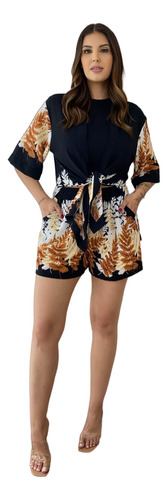  Conjunto Feminino Kimono E Shorts Estampado Premium 2 Peças
