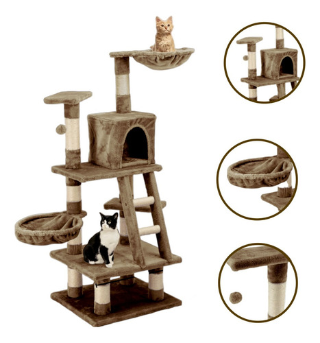 Mueble Rascador Para Gatos Juguete Arbol Casa Y Hamaca 119cm Color Taupe