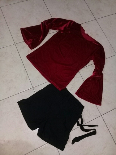 Short Negro Elastizado Con Remera Gamuza Bordo Nena Talle 6