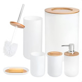 Kit Conjunto De Banheiro Lavabo Escova Lixeira 6 Peças Bambu