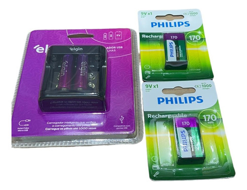 Kit Carregador Depilhas Elgin C/ 02 Aa + 02 9v Rec Philips