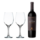 Set De Vino La Linda Malbec + 2 Copas Vidrio Barone 490 Ml