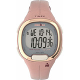 Reloj Mujer Timex Ironman Con Luz 33 Mm Wr 100m Tw5m350009j Correa Rosa Bisel Dorado Fondo Gris