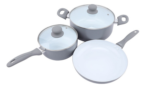 Bateria Cocina 3 Piezas Olla Sarten Ceramica Chic Gris