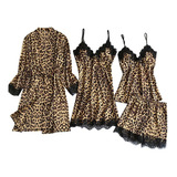 Mujeres Satén Seda Leopardo Lencería Batas Conjunto 5382