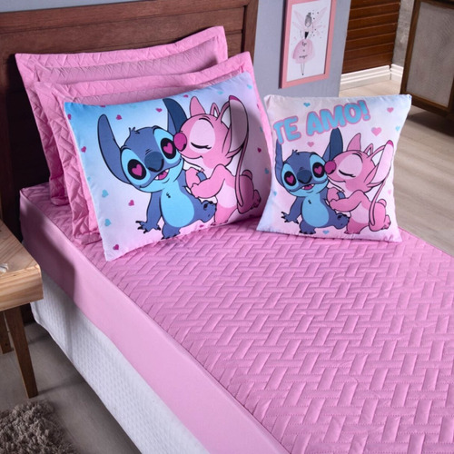 Colcha Roupa Cama Solteiro 5 Pçs Matelado Sleep Stich Rosa