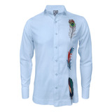 Camisa Guayabera Lino Azul Claro Bordada Plumas Manga Larga