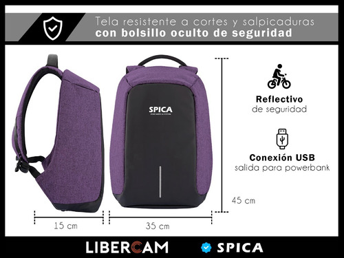 Mochila Antirrobo Impermeable Spica Notebook Usb Anticorte Color Violeta Oscuro