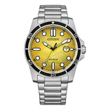 Reloj Citizen Aw181689x Para Hombre Eco Drive Analogico Malla Plateado Bisel Negro Fondo Amarillo