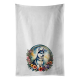 Siberian Husky And Flowers Kitchen Towel Set Of 2 White Dish