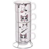 Torre Mug Set Pocillos Gato Chi  X4 Unidades En Cerámica