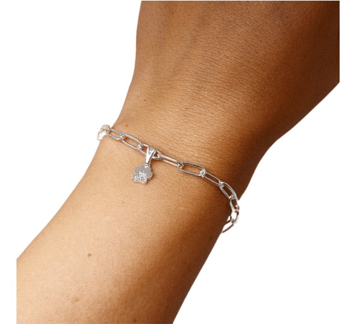 Pulsera Long Chain Huella Acero Blanco Bañado Plata Strass