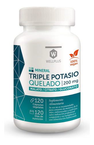 Triple Potasio Quelado 200 Mg Wellplus  120 Cápsulas