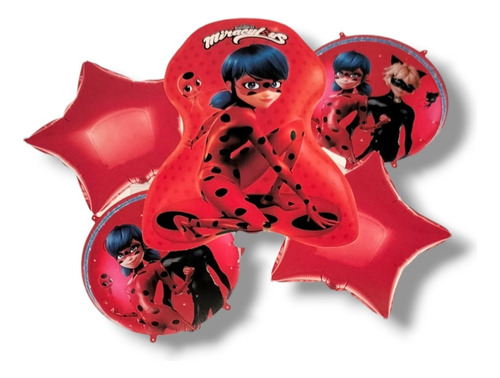 Kit De 5 Globos Bouquet Miraculous Lady Bug Fiesta Cumpleaño