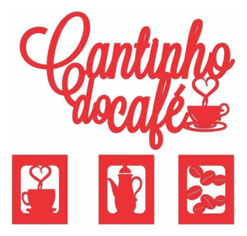 Kit Cantinho Do Café 4 Peças 30cm Mdf Vermelho Decoração