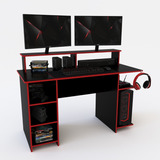 Escritorio Gamer Estante Gabinete Gancho Auris Negro Rojo