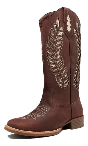 Bota Texana Country Feminina Cano Alto Em Couro Com Gliter