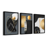 3 Quadros Com Moldura Abstrato Formas Pretas E Dourada 40x60