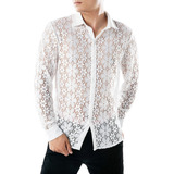 Camisa Casual Masculina De Renda De Flor Oca Camisa De Botão