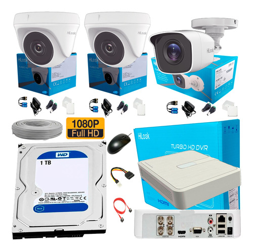 Kit Hikvision Hilook Dvr 4 Ch + 3 Cámaras 1080p + Disco 