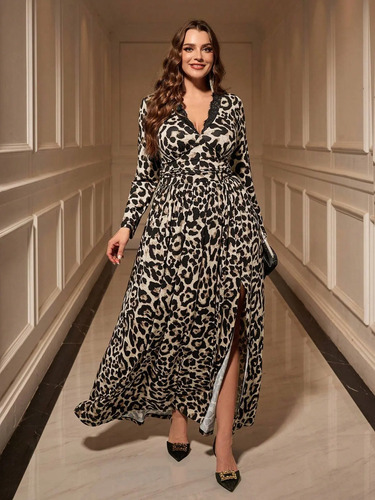 Vestido Ajustado Midi Leopardo Manga Larga Curvy Tallas Plus
