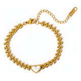 Pulsera Mujer Chapado Oro 18k Dije Corazón Cadena De Espiga