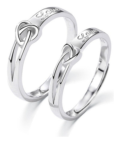 2 Anillos Plata 925 Ajustables Nudo Corazón Parejas Rodinado