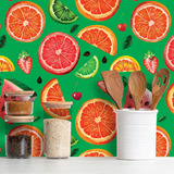 Papel De Parede Adesivo Cozinha Com Frutas Fundo Verde 10m