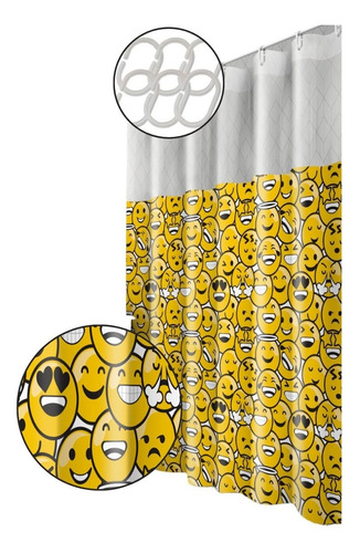Cortina Box Com Visor Em Pvc Para Banheiro Anti Mofo Emojis