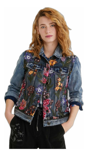 Chaqueta Nueva Jeans Desigual 38 Bordados Y Tul Con Flores