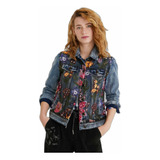 Chaqueta Nueva Jeans Desigual 38 Bordados Y Tul Con Flores