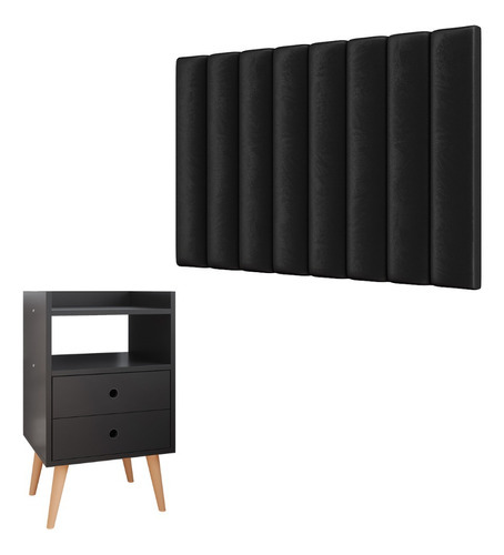 Cabeceira Painel Cama Box Solteiro Mesinha Nicho Gaveta Cor Preto