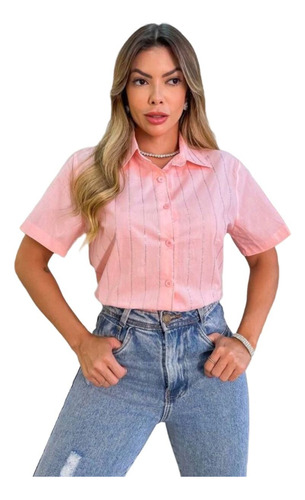 Camisa Social Feminina Listrada Com Brilho Blusa Tendência