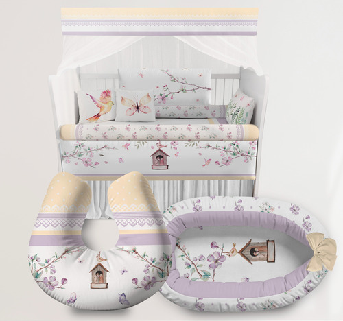 Kit Berço Ninho Redutor Almofada Floral Lilás Bebê - Ktpr482