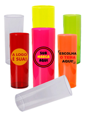 50 Copo Long Drink Transparente Neon Personalizado Sua Ideia