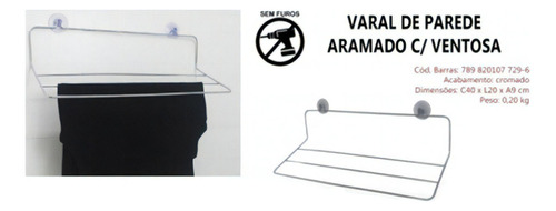 Varal De Parede 40x20 Aramado Com Ventosa Marca Csk7112 Cor Branco