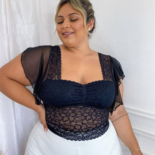 Blusa Plus Size Com Renda Croped Plus Size Decote Promoção