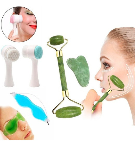 Set De Rodillo Jade + Limpiador Facial Doble Cara Limpieza 