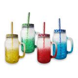 6 Vaso Tipo Mason Jar Con Asa Popote Y Tapa 650 Ml Colores