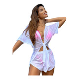 Saida Praia Conjunto Kimono Aberto Curto Com Short Envio Já