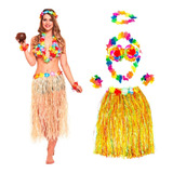 Kit Hawaiano Mujer: Falda, Sostén Y Accesorios Halloween