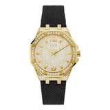 Reloj Original Marca Guess Para Mujer Shimmer Color De La Correa Negro Color Del Bisel Dorado Color Del Fondo Dorado