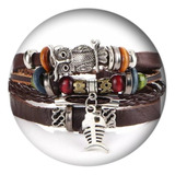 Bracelete Pulseira Peixe Coruja Couro Pingente D1833