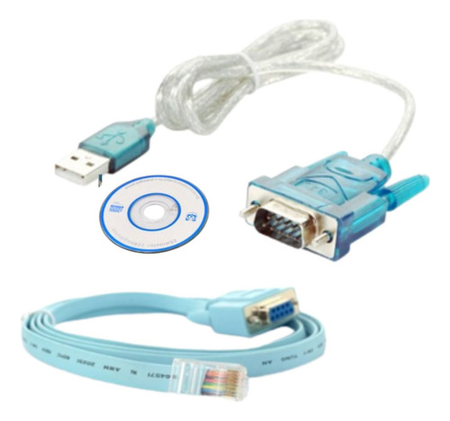 Kit Cabo Console Db9 X Rj45 + Cabo Serial Rs232 Db9 X Usb Cor Azul-celeste